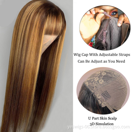 Cheap Human Hair 4/27# Colour Highlight Wigs Brazilian Hair Non Lace Wig With Bangs Machine Made Human Hair Wigs For Black Women
